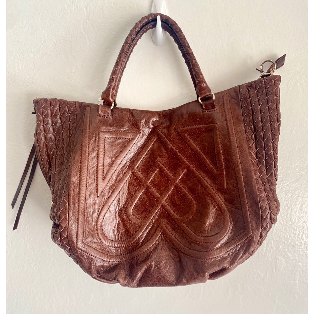 Elliott Lucca Leather Woven Satchel Bag Detail Large Designer Purse EUC